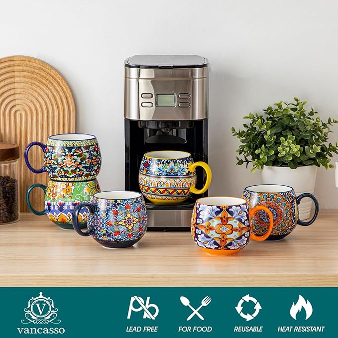 vancasso Coffee Mugs Set of 6, Coffee Cups Ceramic 16oz, Porcelain Coffee Mugs for Cappuccino, Latte, Espresso, Colorful Coffee Mugs with Handle, Rounded Boho Mugs, Microwave & Dishwasher Safe