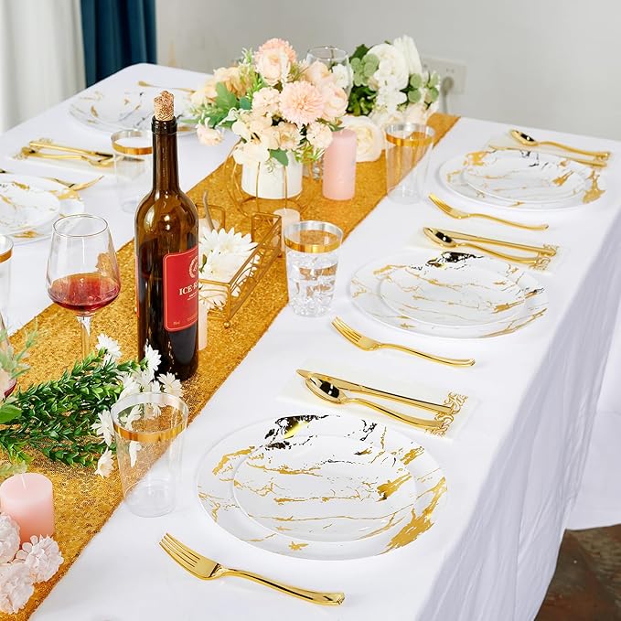 JOLLY PARTY 180PCS Disposable Dinnerware Set 30 Guest, 60 White and Gold Plastic Plates, 30 Plastic Silverware, 30 Cups, Marble Design Disposable Dinnerware for Wedding, Thanksgiving and Parties