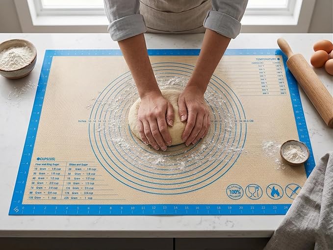 Silicone Pastry Mat with Measurements, 28 x 20 Inch Extra Thick Non-Slip Nonstick XL Baking Mat for Dough Rolling, Kneading, Fondant and Pie, Blue