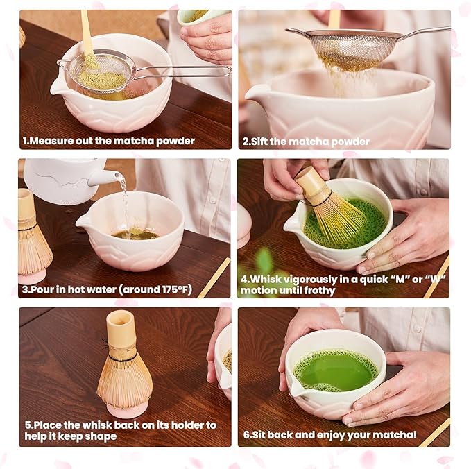 Matcha Whisk Set, Lotus Green Ceramic Matcha Set Includes Matcha Bowl, Matcha Whisk (Chasen) and Holder, Sifter, Bamboo Scoop & Spoon - 6 Pcs Matcha Kit for Matcha Lovers