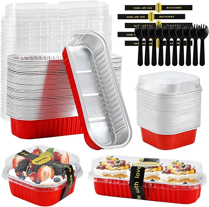 100 Pack Red Mini Aluminum Foil Loaf Pans with Lids 50Pcs 6.8oz and50Pcs 10oz, Spoons & Sealing Stickers Included Ideal for Baking, Storage & Gifting Dessert (100PCS RED)