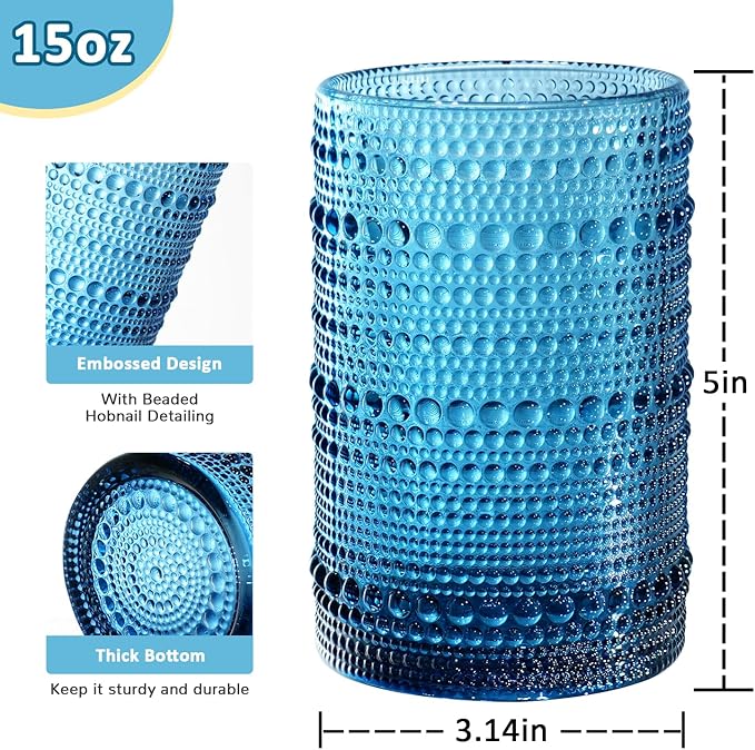 15 oz Colored Hobnail Drinking Glasses with Straws,Vintage Glassware Set of 6,Embossed Highball Cups Textured Glass Cups for Kitchen,Beer,Juice,Cocktail,Whiskey, Milk
