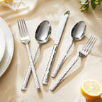 KINGSTONE 65 Piece Hammered Silverware Set with Serving Utensils, 18/10 Stainless Steel Flatware Set for 8, Cutlery Set for Home, Party, Wedding, Mirror Polished Dishwasher Safe