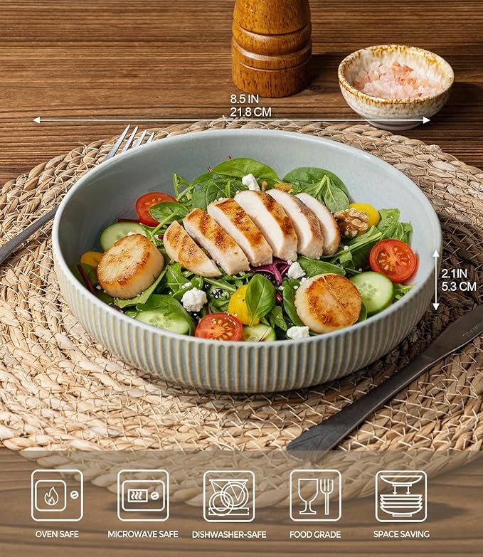 theterra 8.5'' Ceramic Pasta Bowls, Salad Bowls Set of 4, Stoneware Serving Bowls for Fruits, Noodle, Dinner, House-warming Wedding Present, Desert Sage