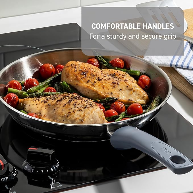 T-fal Essentials Stainless Steel Fry Pan 10.5 Inch, Induction Compatible Oven Safe 350F, Durability & Performance, Cookware, Pots and Pans, Chef's Pan, Skillet, Frying Pan, Dishwasher Safe Silver/Blue