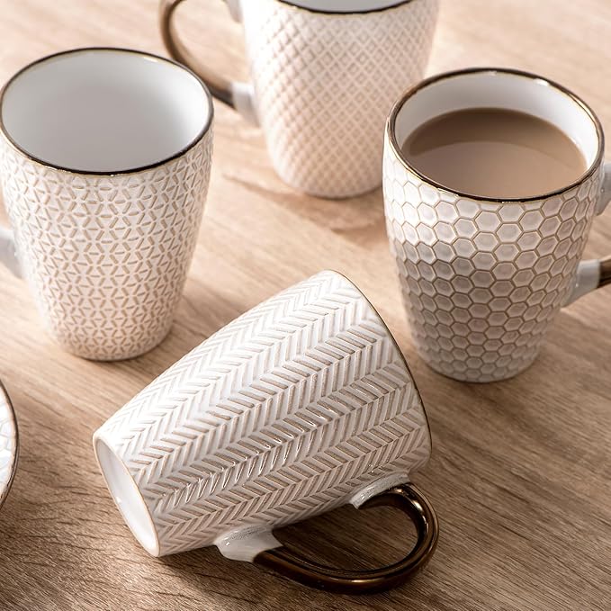 Ceramic Coffee Mug Set - 16 Oz Large Coffee Mugs - Embossed Stoneware Cups with Handle for Latte Tea Cappuccino Cocoa - Microwave Dishwasher Safe - Set of 4 - flower Pattern