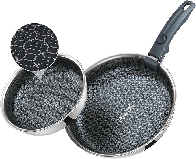 Hybrid Non Stick Frying Pans Set 3-Piece, 8 & 9.5 Inch Tri-Ply Stainless Steel Pans Set with Detachable Handle, PFOA Free Kitchen Skillets for All Cooktops, Dishwasher & Oven-Safe Cooking Pan