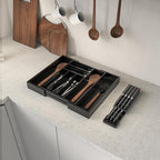 Bamboo Kitchen Drawer Organizer, Expandable Silverware Organizer with Removable Knife Block, 6-8 Slots- Utensil Holder & Cutlery Tray Drawer Dividers, 2.36" Deep for Extra Capacity, Black