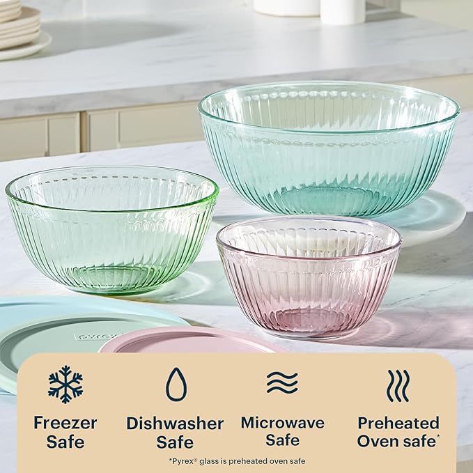 Pyrex Colors (3-Pack, Full Set) Sculpted Tinted Glass Mixing Bowls With Plastic Lids, Nesting Space Saving Set of Bowls For Prepping and Baking, 1.3QT, 2.3QT & 4.5Q, (Pink, Green, Aqua)
