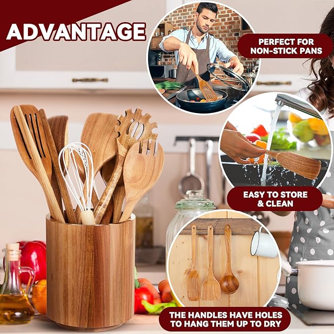 11 Pcs Wooden Kitchen Utensils Set with 360° Rotating Holder 7.3" x 5.9" Acacia Wood Cooking Utensils with Holder Cooking Spoons Spatulas for Nonstick Cookware Countertop Kitchen(Natural)