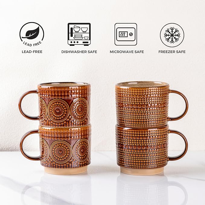 GBhome 16OZ Stackable Coffee Mugs, Ceramic Coffee Mugs with Texture Patterns for Man,Woman,Dad,Mom, Modern Coffee Mugs Set of 4 for Latte/Cappuccino/Cocoa. Dishwasher&Microwave Safe