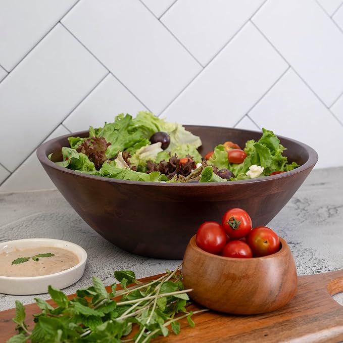 Luxe Designs 12" Dark Burnt Wooden Salad Bowl Set with Serving Utensils Eco-Friendly, Multipurpose Mixing & Serving Bowl for Salads, Pasta, Fruits & More – Durable & Stylish Kitchen Essential