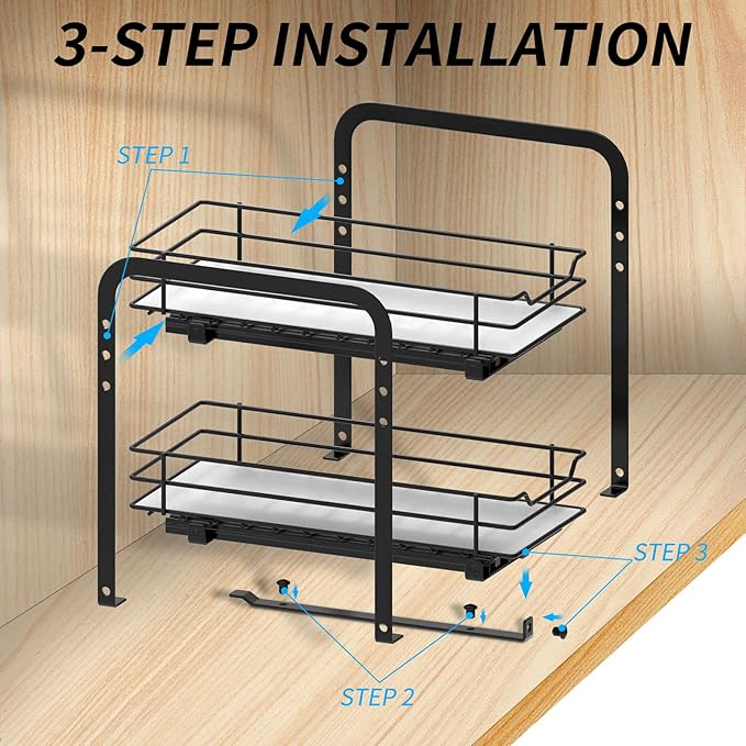 Spice Rack Organizer for Cabinet, 2 Tier Pull Out Spice Organizer for Cabinet Height Adjustable Heavy Duty Metal Basket for Inside Cabinets & Pantry Closet (5.5''Wx10.5''Dx9.5''H)