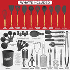 Kaluns 50 PCS Silicone Kitchen Utensils Set Complete Kitchen Set - 800°F Heat Resistant Non-Stick Premium Cooking Utensils W Wooden Handles - Can Opener, Masher, Turner, Silicone Spatula Set