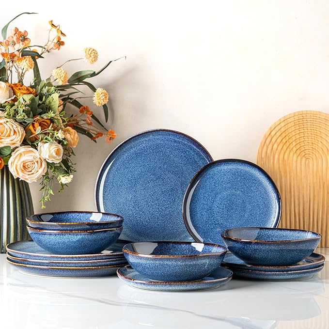 GBHOME Stoneware Dinnerware Sets for 4, 12 Pieces Rustic Ceramic Plates and Bowls Set, Handmade Reactive Glaze Plate Sets, Highly Chip Resistant Dishes, Microwave & Dishwasher Safe, Sea Blue