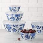Amazon Basics Nesting Melamine Mixing Bowls with Lids and Non-Slip Base, Dishwasher Safe, Space Saving, 5 Sizes, Blue and White Floral, Set of 10