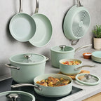 Circulon Halo with LaserDefense Ceramic Nonstick Pots and Pans with Lids, Made without PFAS, Compatible with All Stovetops, Dishwasher and Oven Safe, 11 Piece Cookware Set - Sage