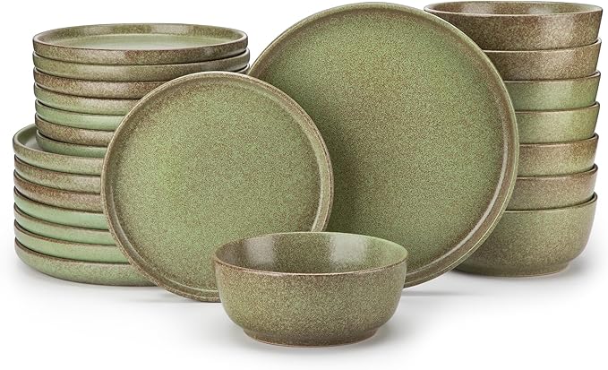 vancasso ZERMATT Dinnerware Set for 8, 24 Pieces Plates and Bowls Sets for Kitchen, Scratch Resistant Stoneware Dish Set, Dishwasher & Microwave Safe, Green