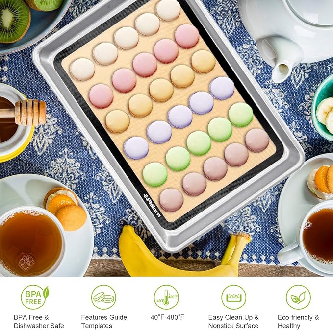 Philorn Silicone Baking Mat Set, 16.5" x 11.42" Macaron Mat, Non-Stick With Tools, 2 Pack Food Safe, Reusable for Oven, Cookie, Bread