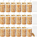 Mumufy 18 Pack Favor Glass Tumblers Boho Floral 16oz Iced Coffee Cups with Bamboo Lids and Straws Bridesmaid Gifts for Wedding Day Elegant Drinkware for Reception and Welcome Drinks