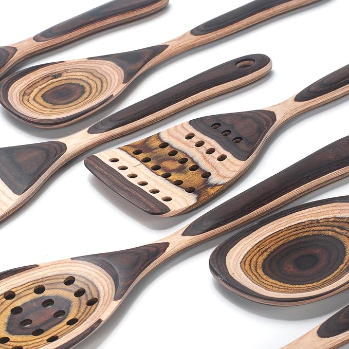 7 Pcs Wood Cooking Utensils Set, Wooden Kitchen Utensil Set for Cooking, Wooden Cooking Spoons & Spatulas with Spoon Rest, Safe for Non-Stick Cookware, Brown