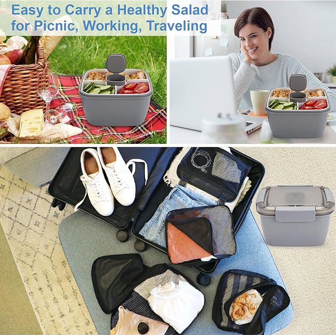 Freshmage Salad Lunch Container To Go, 52-oz Salad Bowls with 3 Compartments, Salad Dressings Container for Salad Toppings, Snacks, Men, Women (Grey)