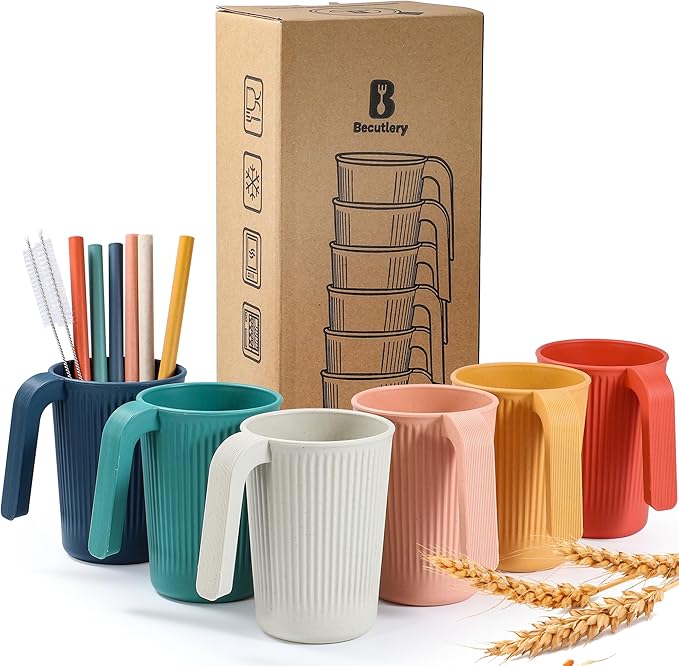 Wheat Straw Coffee Mugs 6-Pack– Unbreakable & Lightweight Cups, 12oz Stackable Cups with 6 Detachable Straws & 2 Cleaning Brushes (Colorful, 12, Fluid Ounces)