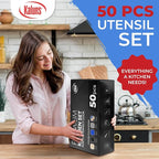 Kaluns 50 PCS Silicone Kitchen Utensils Set Complete Kitchen Set - 800°F Heat Resistant Non-Stick Premium Cooking Utensils W Wooden Handles - Can Opener, Masher, Turner, Silicone Spatula Set