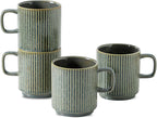 Coffee Mugs Set of 4, Ceramic Ribbed Tea Coffee Cups with Handle, Large Porcelain Mug for Americano, Latte, Cappuccino, Hot Chocolate, Green