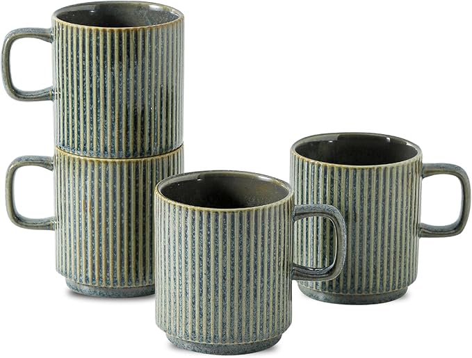 Coffee Mugs Set of 4, Ceramic Ribbed Tea Coffee Cups with Handle, Large Porcelain Mug for Americano, Latte, Cappuccino, Hot Chocolate, Green