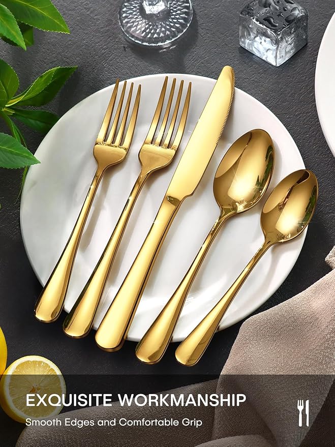 Gold Silverware Set, 30 Piece Flatware Set for 6, Mirror Polished Food-Grade Stainless Steel Cutlery Utensil Set Include Knives Forks Spoons for Kitchen Restaurant Wedding Party, Dishwasher Safe