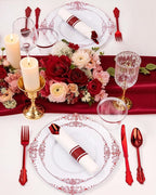 Nervure 175PCS Red Plastic Plates - White Red Plastic Dinnerware Sets for 25 Guests - 50 Red Disposable Plates, 25 Pre Rolled Cutlery Set, 25 Cups Perfect for Wedding, Party
