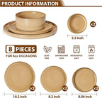 LIANYU 8 Piece Dinnerware Plates and Bowls for 2, Ceramic Elegant Stoneware Dishes Sets with Pasta Bowls, Modern Ribbed Dining Ware Dishware for Restaurant Wedding, Dishwasher Safe, Dune Khaki