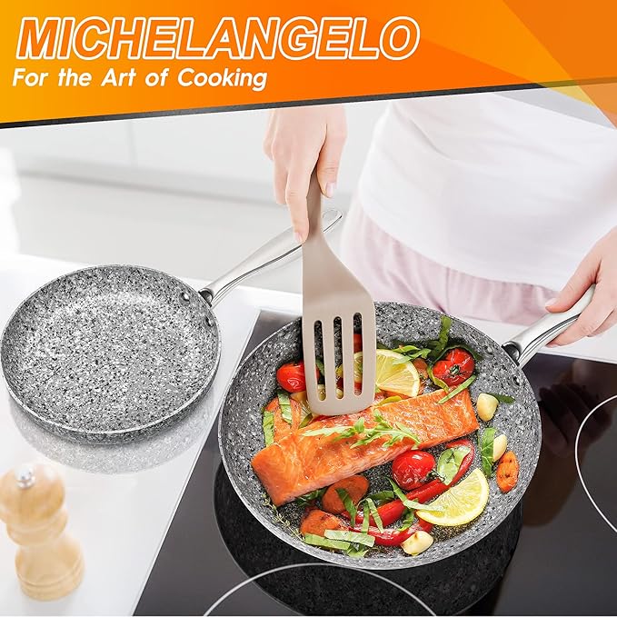 MICHELANGELO Granite Frying Pan with Lid, Nonstick 12 Inch Frying Pan with Non toxic Granite Coating, Induction Compatible