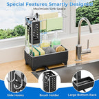 Kitchen Sink Caddy with Stainless Steel Towel Holder, Handy Sponge Holder for Kitchen Sink with Extending Drain Spout, No-Tool Assembly Space Saver for sink Countertop Accessories(Black)