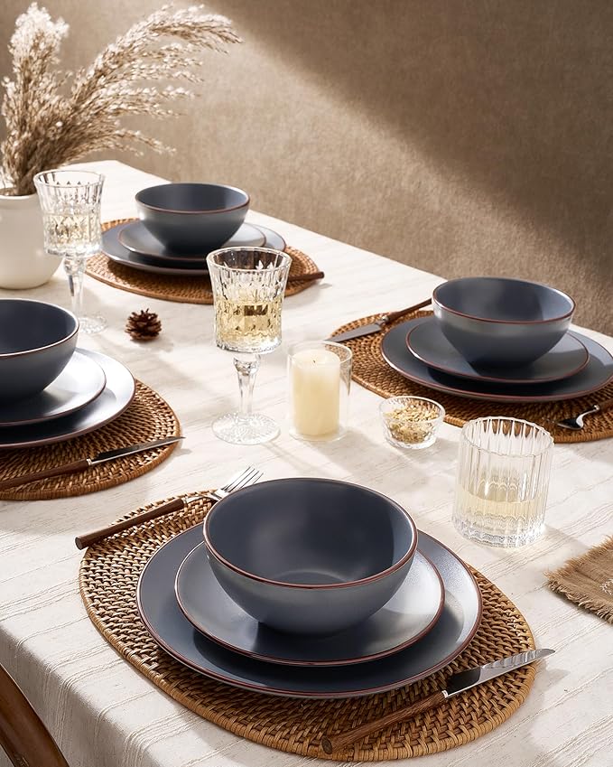 Famiware Venus Plates and Bowls Sets, 12 Pieces Stoneware Speckled Dishes Dinnerware Set for 4, Matte Charcoal - Microwave & Dishwasher Safe, Modern Minimalist, for Everyday Meals & Formal Dining