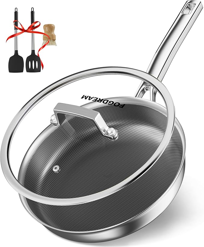 FogDream Non Stick Frying Pans, 10in Titanium Pans for Cooking, Hybrid Stainless Steel Skillet with Spatulas, PFOA Free Cookware, Stay Cool Handle, Dishwasher & Oven-Safe,Induction Compatible,Silver