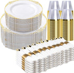 Bestluck 700PCS Gold Plastic Plates for 100 Guests, Disposable Dinnerware Sets Include 200 Gold Rim Plastic Plates, 100 Silverwares, 100 Cups, and 100 Pre Rolled Napkins for Party, Wedding, Graduation