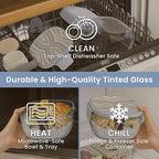Bentgo Glass Prints Salad Container - 7.6-Cup Tinted Glass Salad Bowl with Airtight Lid, Leak-Proof Sauce Container, 4-Compartment Bento Meal Prep Tray & Reusable Fork (Wildly Chic - Soft Blue)