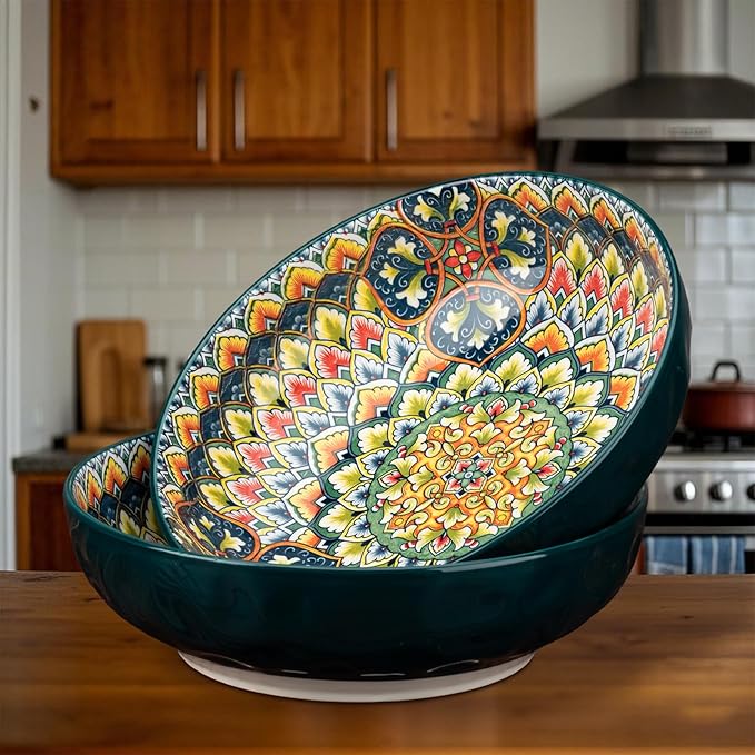 4 Pack Large Serving Bowls, 80 Oz Extra Large Salad Bowls Set of 4, Bohemian Decorative Bowls for Salad, Fruit, Pasta and Dinner, Serving Dishes Set for Party, Dishwasher & Microwave Safe, Mix-color