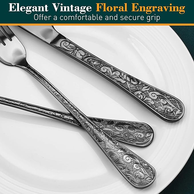 Black Silverware Set, 30 Pieces Vintage Carved Flatware Set for 6, Stainless Steel Cutlery Set with Knife/Fork/Spoon,Utensil Set for Home and Kitchen, Dishwasher Safe