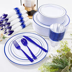 WELLIFE 350 Pcs Blue Plastic Plates for 50 Guests - Plastic Dinnerware Set,Party Supplies Includes 100 blue plates,150 Silverware,50 Napkins,50 Cups,Blue and White Plates