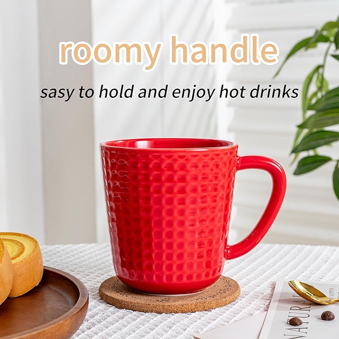 Ceramic Coffee Mugs Set of 4, 14oz Red Coffee Cups with Embossed Grid Texture, Modern Minimalist Coffee Mug for Latte Cappuccino Tea Cocoa, Dishwasher & Microwave Safe, Ideal Housewarming Gift