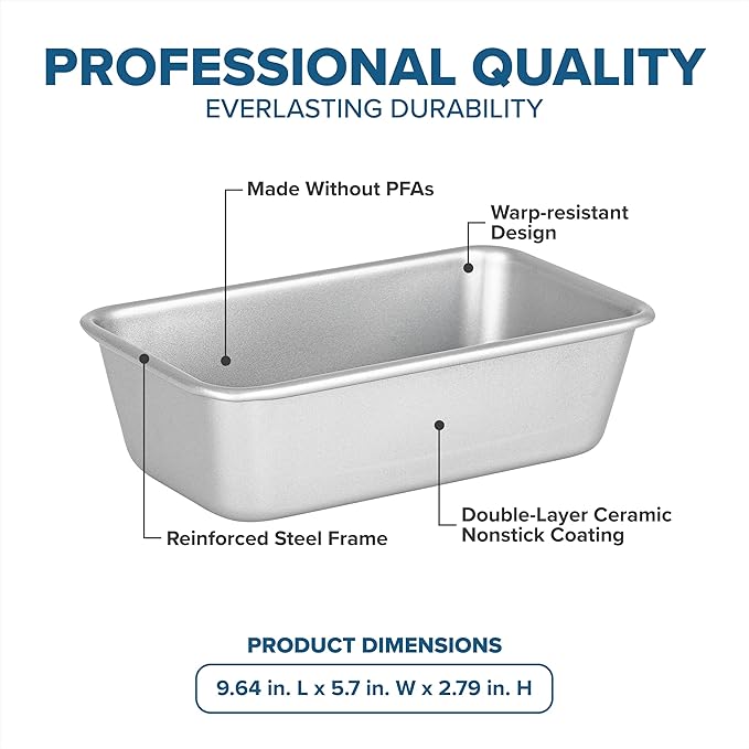 Viking Premium 9-Inch Nonstick Ceramic Bread Loaf Pan, Made without PFAS, Heavy Gauge Aluminized Steel Baking Pan for Bread and Cake, Reinforced Iron Frame, Even Heating, Oven Safe to 475F, Silver