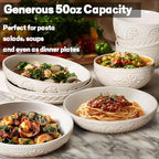 Artena Pasta Bowls, 50oz Large Salad Serving Bowls, 9.75'' Plates Bowls Set of 4, Big White Ceramic Soup Bowls for Kitchen, Embossment Shallow Dinner Bowl, Microwave Dishwasher Safe, Pinwheel Flower