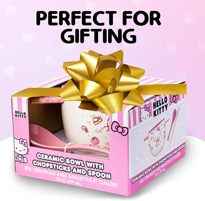 Silver Buffalo Sanrio Hello Kitty Apples and Cinnamon Ceramic Ramen Noodle Rice Bowl with Chopsticks and Spoon, Microwave Safe, 20 Ounces