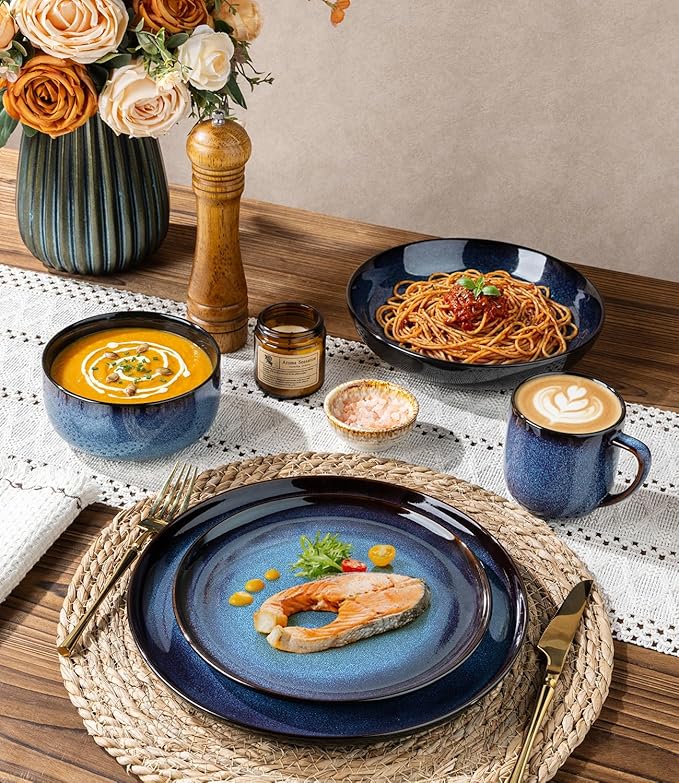 LERATIO Ceramic Dinnerware Sets for 4,16-Piece Reactive Glaze Plates and Bowls Set with Mugs,Highly Chip and Crack Resistant | Dishwasher,Microwave & Oven Safe Dishes set-Blue