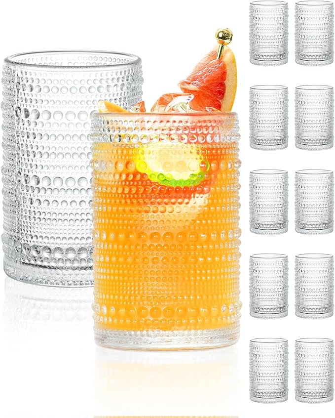 Large Capacity Glasses Drinking Set of 12, 15 oz Vintage Glassware Hobnail Glass Cups sets for Kitchen, Embossed Cocktail Glasses Set with Straws, for Beer, Juice, Cocktail, Whiskey, Milk