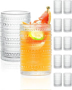 Large Capacity Glasses Drinking Set of 12, 15 oz Vintage Glassware Hobnail Glass Cups sets for Kitchen, Embossed Cocktail Glasses Set with Straws, for Beer, Juice, Cocktail, Whiskey, Milk