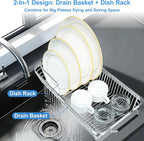 Dish Drying Rack Over The Sink, Stainless Steel Dish Racks for Kitchen Counter, Expandable Drainer for Kitchen Sink Organizer, 2-in-1 Extend Drain Basket and Plates Holder for Utensil Storage